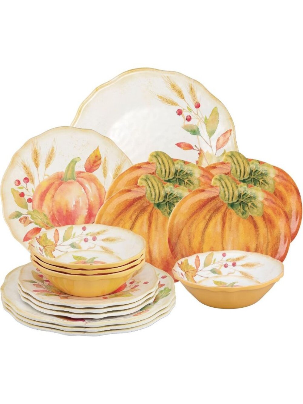 16-Piece Pumpkin Melamine Dinnerware Set for 4 - Perfect Fall Table Decor